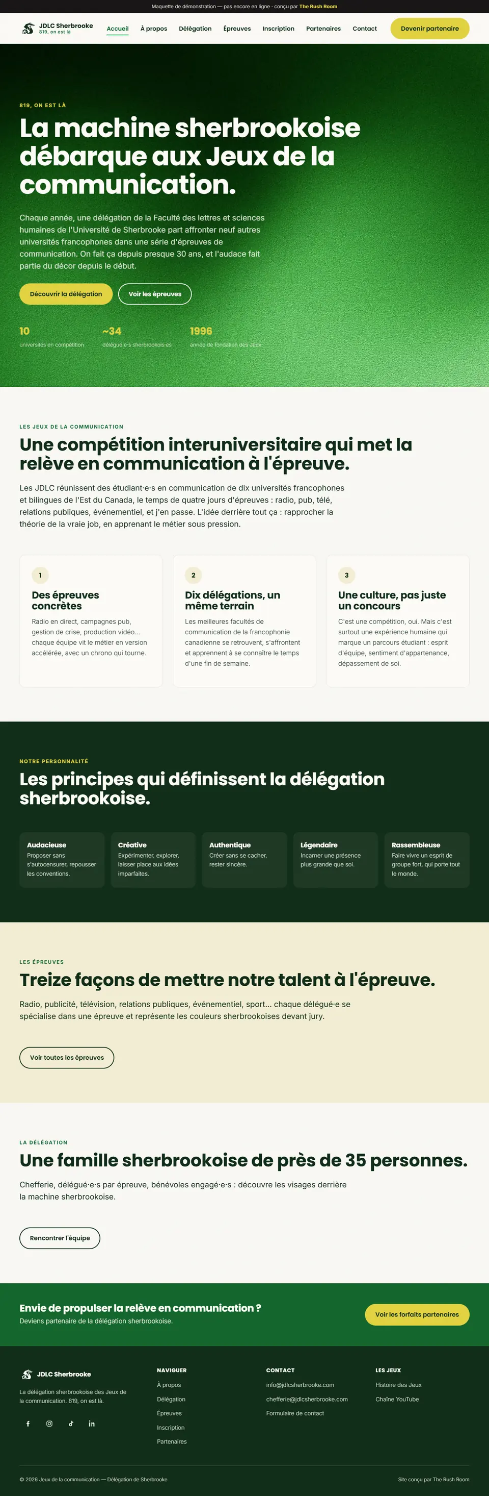La page d'accueil du site des Jeux de la communication, délégation de Sherbrooke, défile de haut en bas : héros vert « La machine sherbrookoise débarque », présentation de la compétition, principes de la délégation.