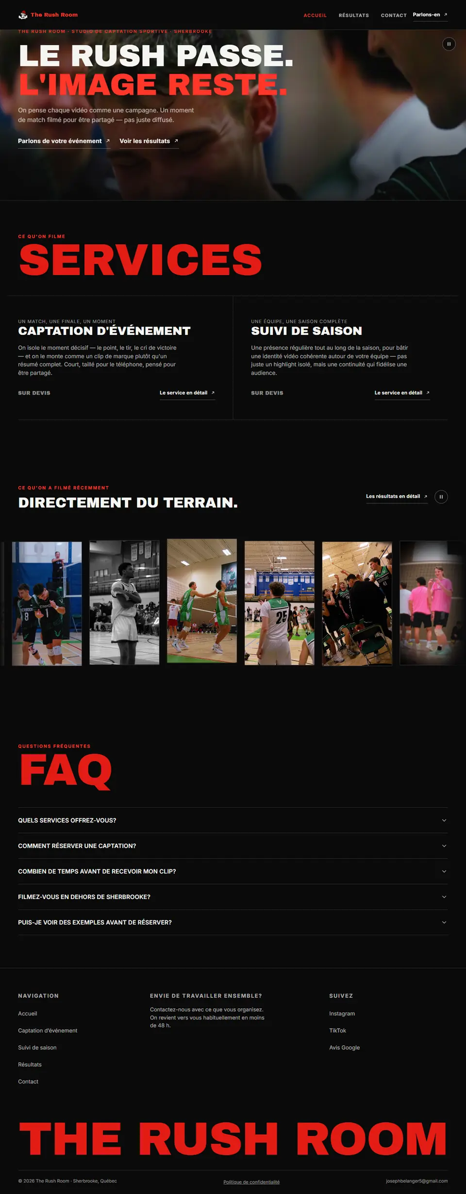 La page d'accueil du site The Rush Room défile de haut en bas : héros vidéo « Le rush passe. L'image reste. », services de captation, photos de matchs, questions fréquentes.